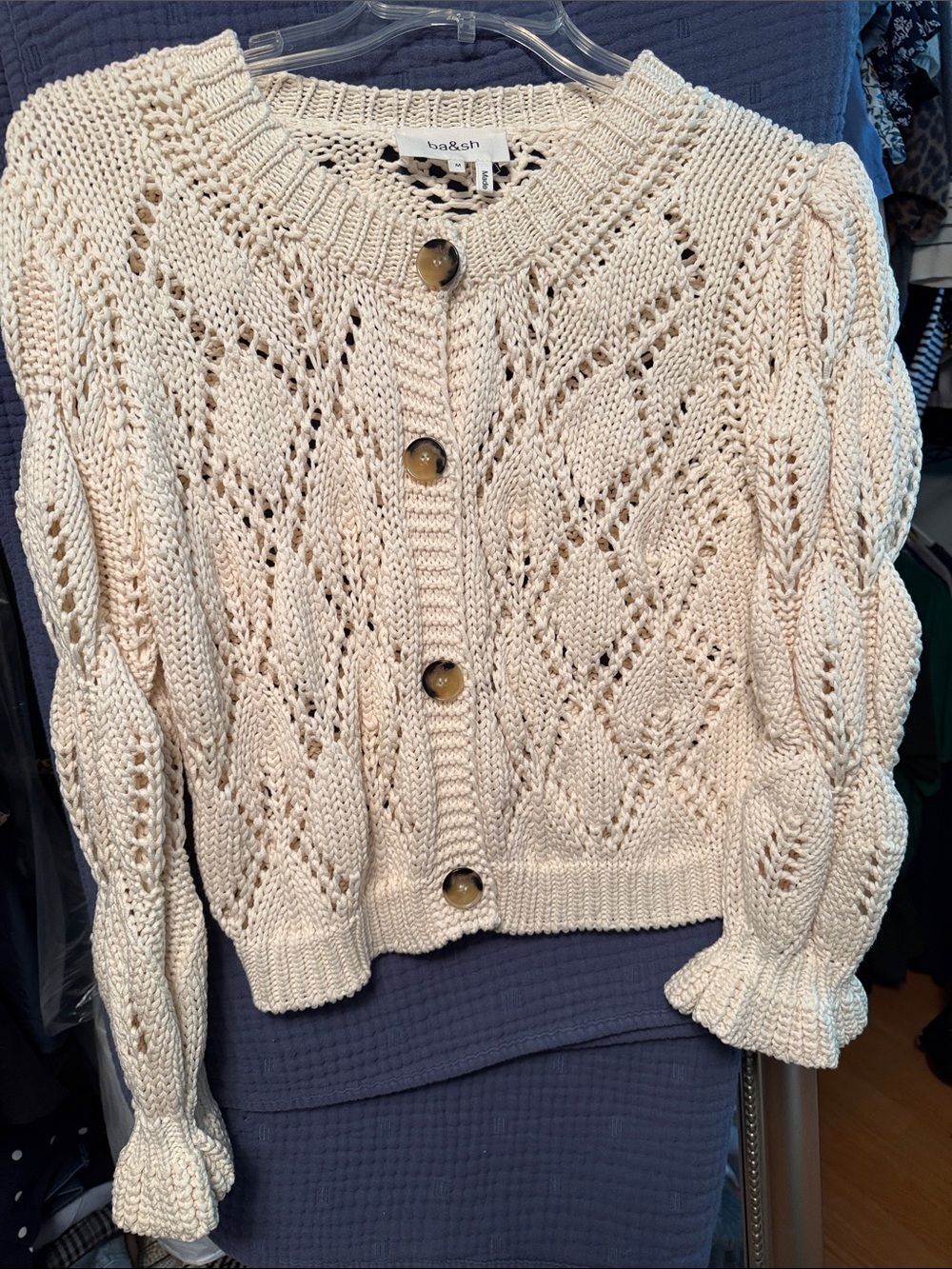 ba&sh Cream Openwork Knit Cropped Cardigan with Button Front